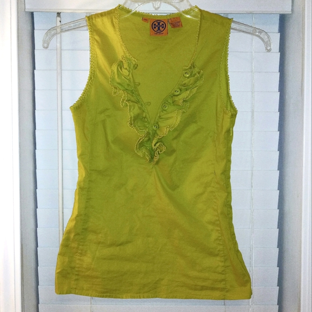 Tory Burch Sleeveless Avocado Button Up Ruffle Top